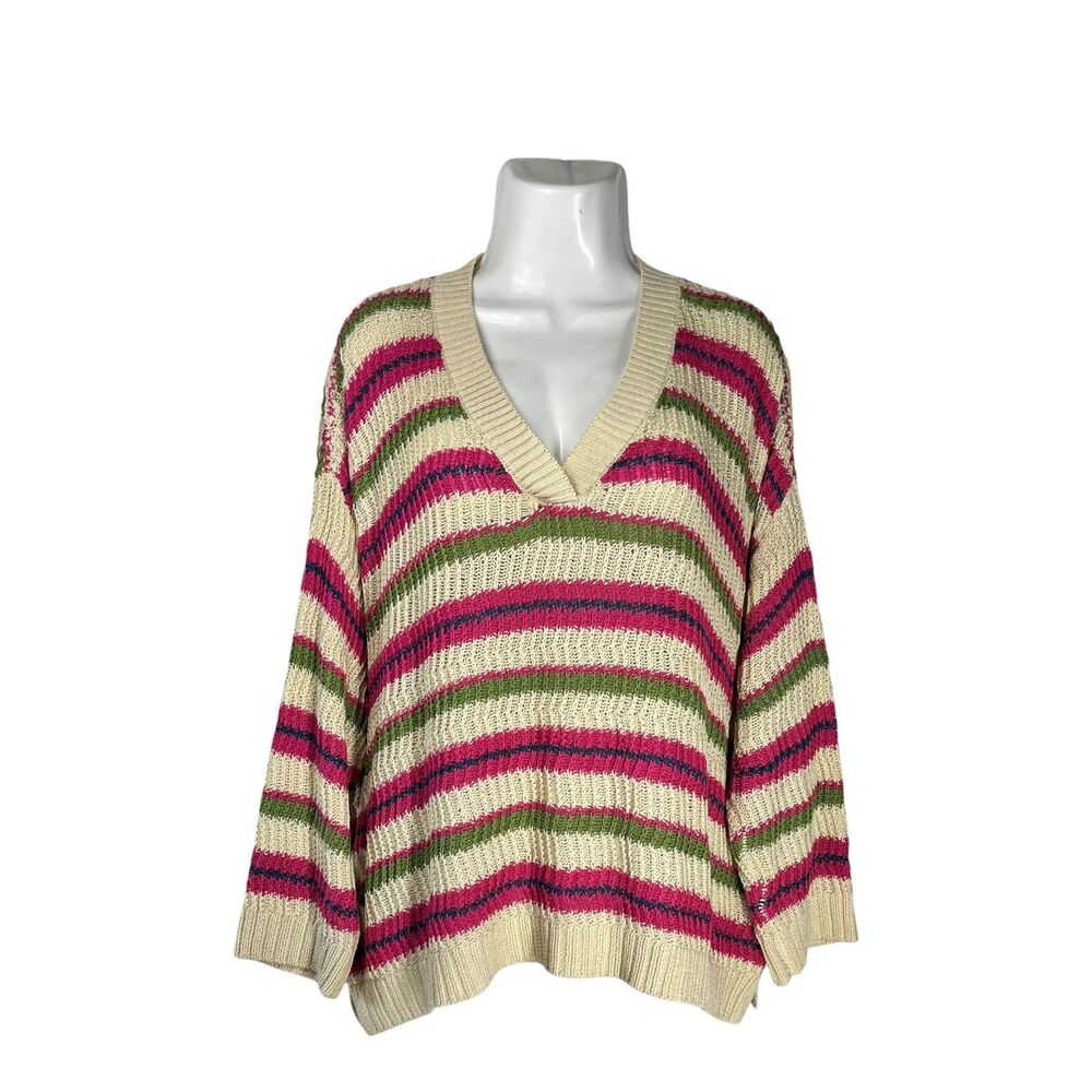 LOFT Sweater Top Women XL Multi Color Striped Open Knit V-Neck 3/4 Sleeve Y2K